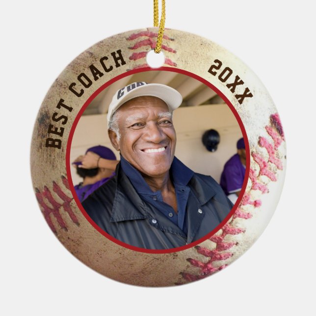 Baseball BEST COACH Photo Personalised Ceramic Tree Decoration (Front)