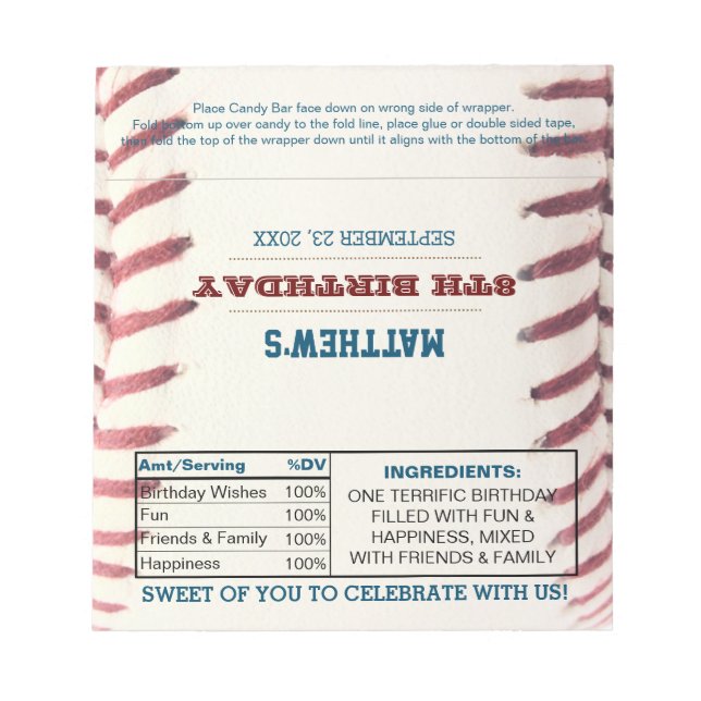 Baseball Birthday Favour Chocolate Candy Wrappers Notepad (Front)