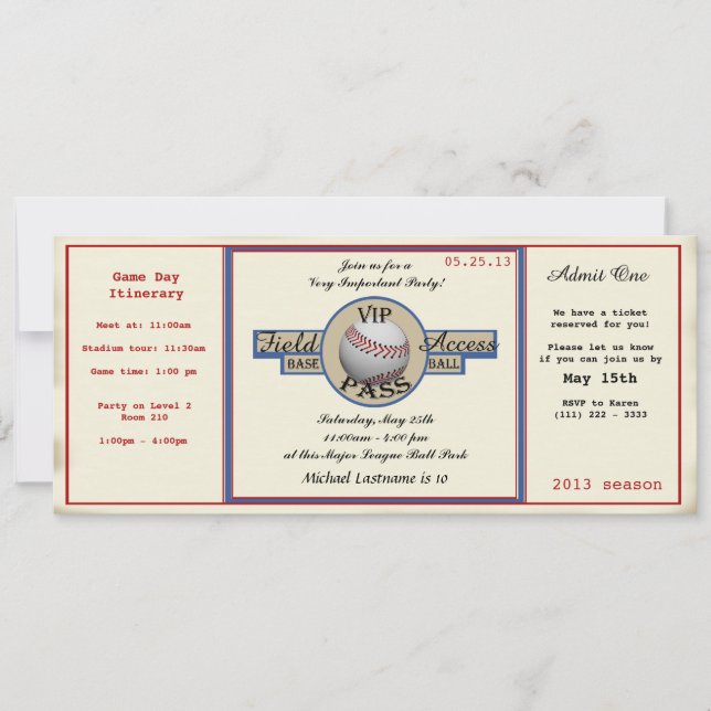 Baseball Birthday Field Pass Invitation (Front)