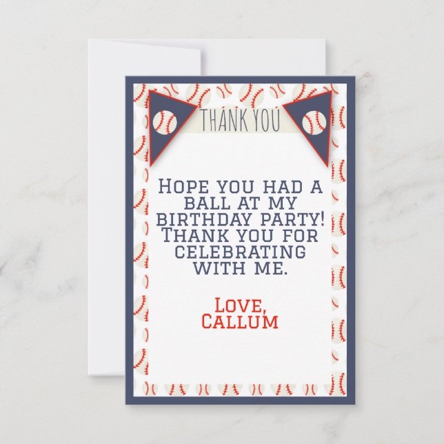 Baseball Birthday Flat Thank You Card (Front)