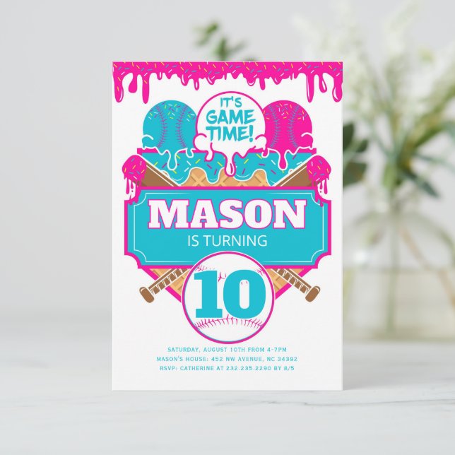 Baseball Birthday Invitation Drip Theme (Standing Front)
