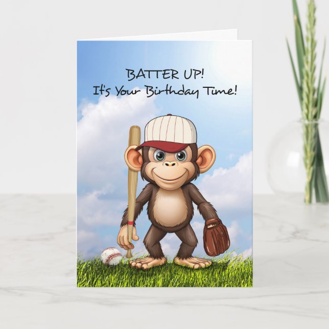 Baseball Birthday Monkey Bat Ball Glove Outside Card (Front)