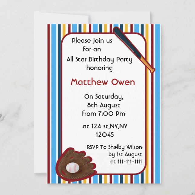 Baseball Birthday Party Invitation (Front)