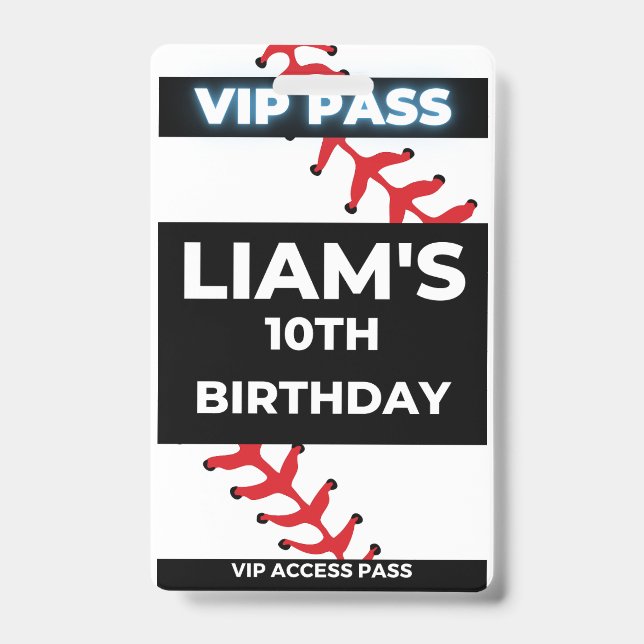 Baseball birthday Party VIP Pass Badge ID Badge (Front)