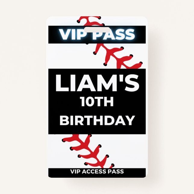 Baseball birthday Party VIP Pass Badge ID Badge (Front)