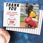 Baseball Birthday Photo Kids Baseball Thank You Card<br><div class="desc">Baseball birthday thank you card with photo, thank you message, name and baseball balls. The card is in white, red and black colour scheme. On the back of the card are red stripes on white. Photo thank you card - add your kids photo into the template. Personalise the card with...</div>