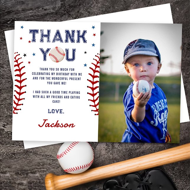 Baseball Birthday Photo Thank You Card (Creator Uploaded)