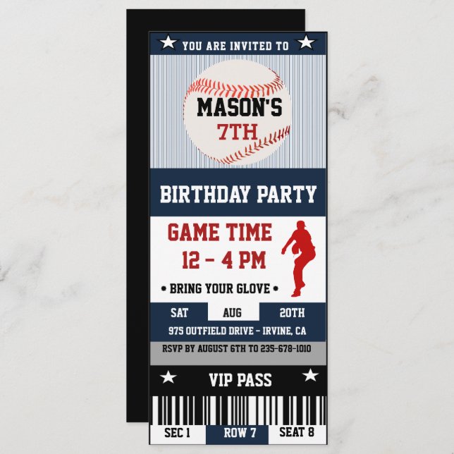 Baseball Birthday Ticket Invitation (Front/Back)