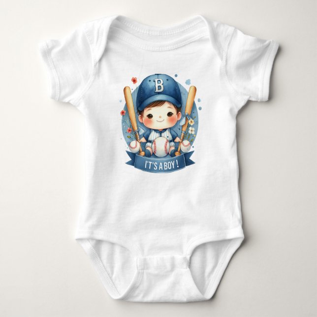 Baseball Bliss Baby Boy Announcement Baby Shower Bodysuit (Front)