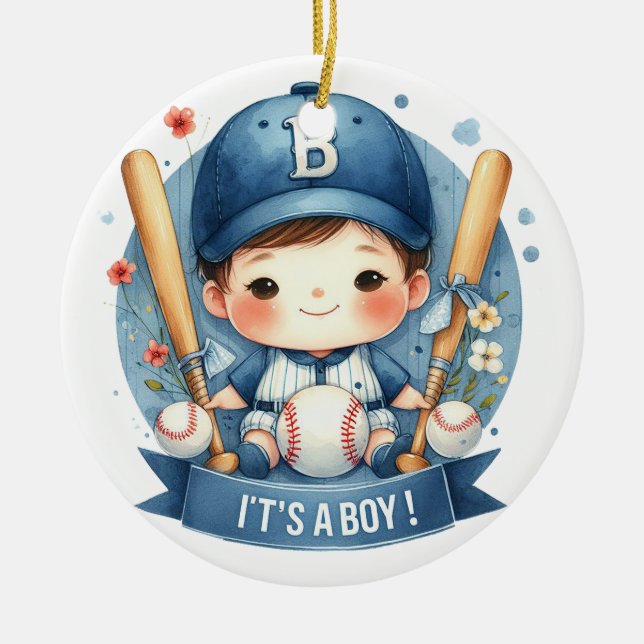 Baseball Bliss Baby Boy Announcement Baby Shower Ceramic Tree Decoration (Front)
