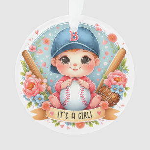 Baseball Bliss Baby Girl Announcement Floral Baby Ornament