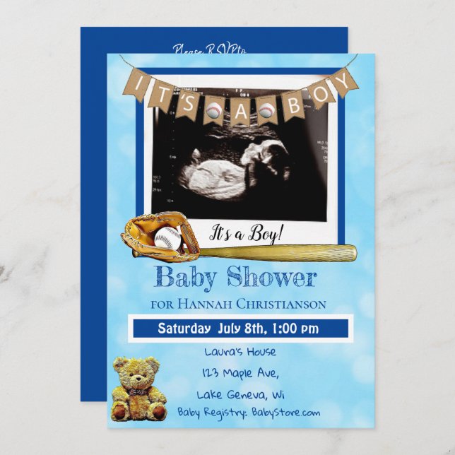 Baseball  Blue Baby Boy Ultrasound Baby Shower Invitation (Front/Back)