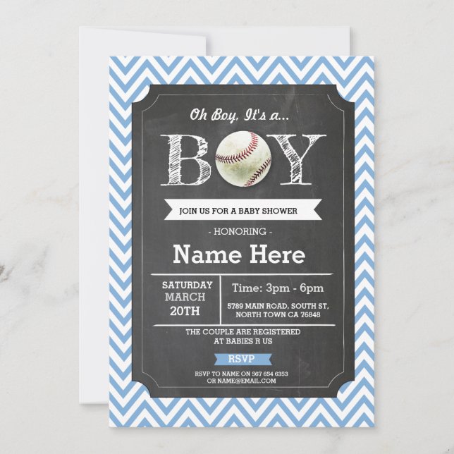 Baseball Blue Boy Baby Shower Chevron Invite (Front)