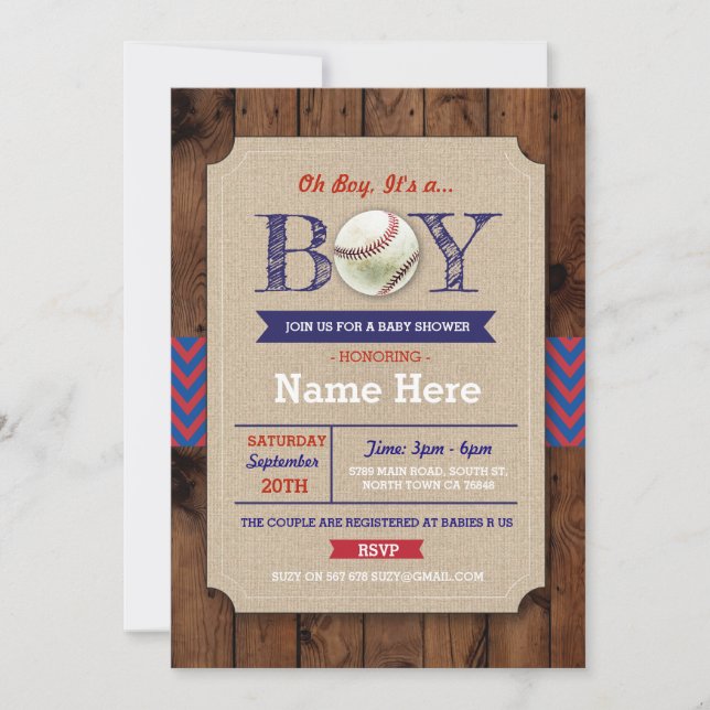 Baseball Blue Wood Boy Baby Shower Sports Invite (Front)