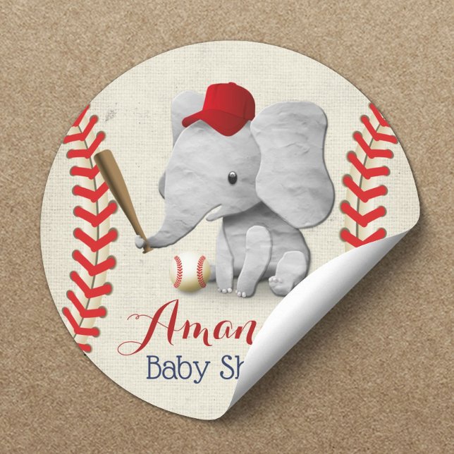 Baseball Boy Cute Elephant Baby Shower Classic Round Sticker (Creator Uploaded)