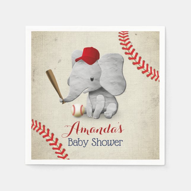 Baseball Boy Cute Elephant Baby Shower Napkin (Front)