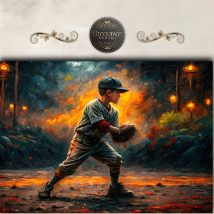 Baseball Boy Firelight Scene Decoupage Tissue Paper