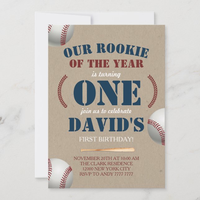 Baseball Boy First Birthday Rookie of the year Invitation (Front)