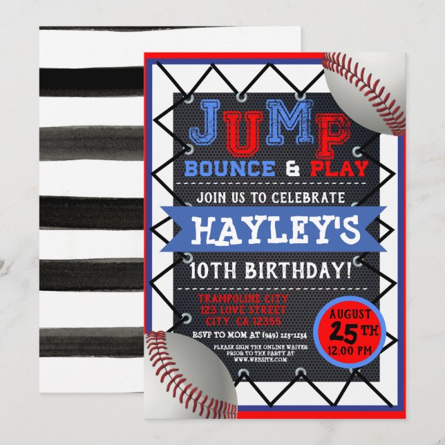 Baseball boys kids Jump & Play Trampoline Park Invitation (Front/Back)