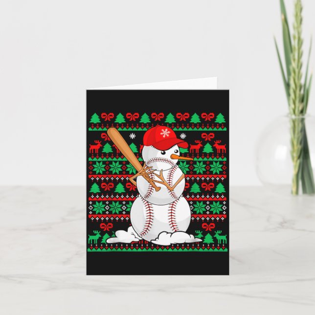 Baseball Boys Men Christmas Snowman Players Ugly X Card (Front)