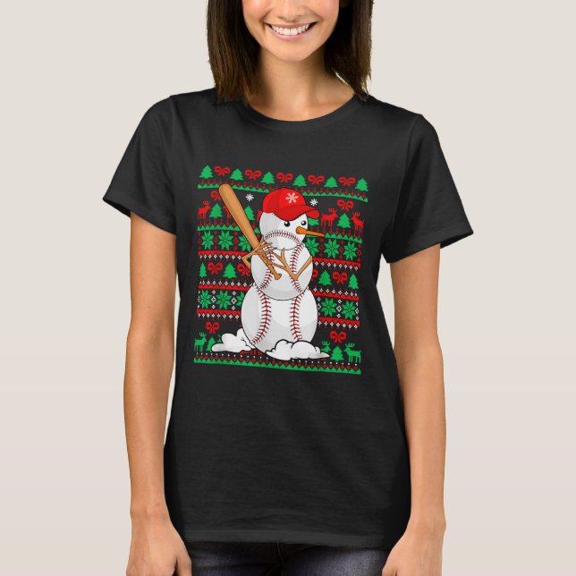 Baseball Boys Men Christmas Snowman Players Ugly X T-Shirt (Front)
