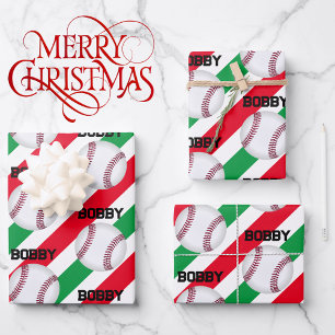 Baseball Boy's Name Christmas Fun 3 Wrapping Paper Sheet