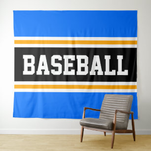 BASEBALL Bright Blue Black Yellow Racing Stripes Tapestry