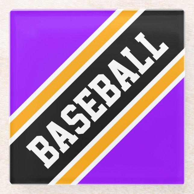 BASEBALL Bright Purple Black Diagonal Stripes Glass Coaster (Front)