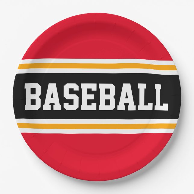 BASEBALL Bright Red Black Yellow Racing Stripes Paper Plate (Front)