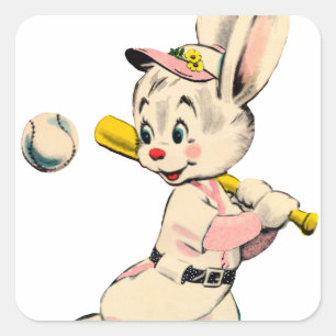 Baseball Bunny In Pink Square Sticker