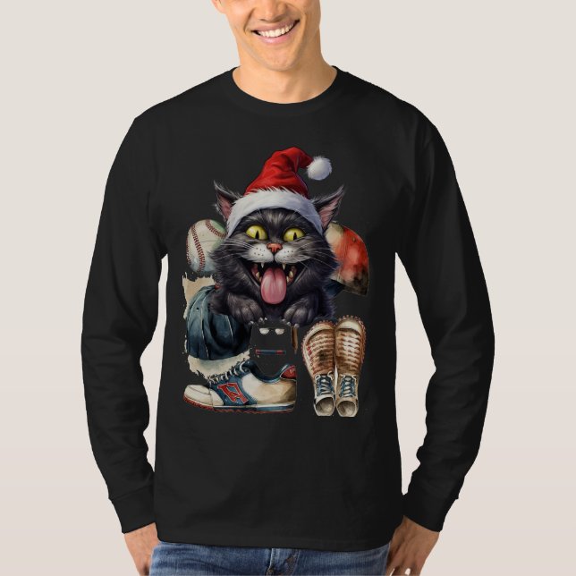 Baseball Cat wear Santa hat for Christmas  T-Shirt (Front)