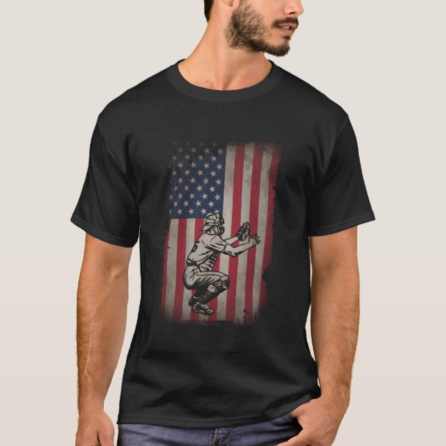 Baseball Catcher American Flag Usa Patriotic T-Shirt (Front)