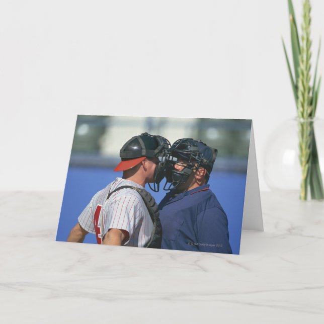 Baseball Catcher and Umpire Arguing Card (Front)