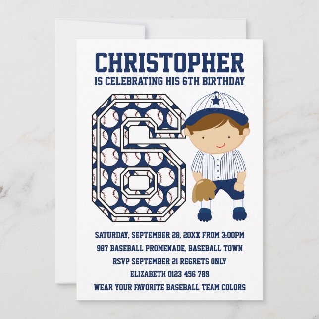 Baseball Catcher Blue White 6th Birthday Party Invitation (Front)
