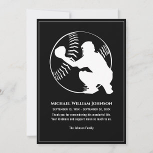 Baseball Catcher Funeral Memorial Black And White Thank You Card
