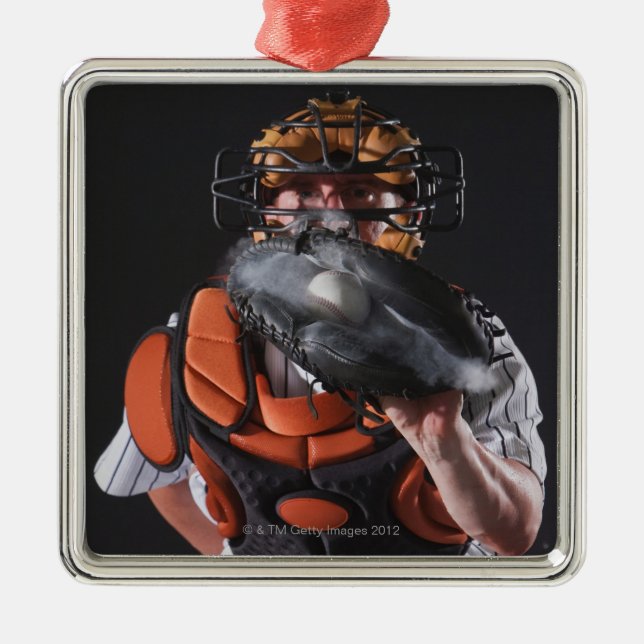Baseball catcher holding ball in mitt metal tree decoration (Front)