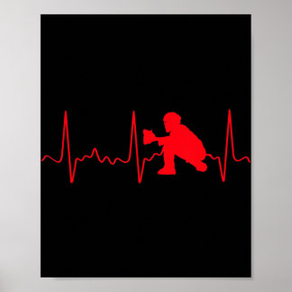 Baseball Catcher  - Red Baseball Catcher Heartbeat Poster