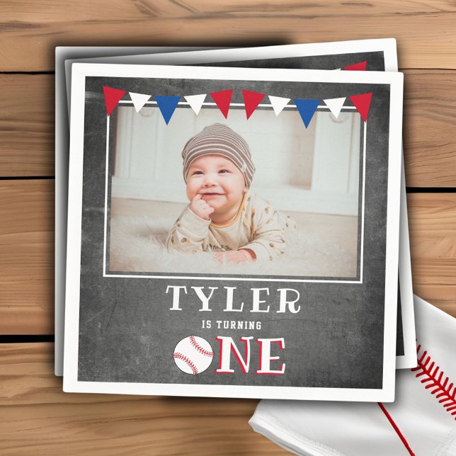 Baseball Chalkboard Flags 1st Birthday Photo Napkin (Creator Uploaded)