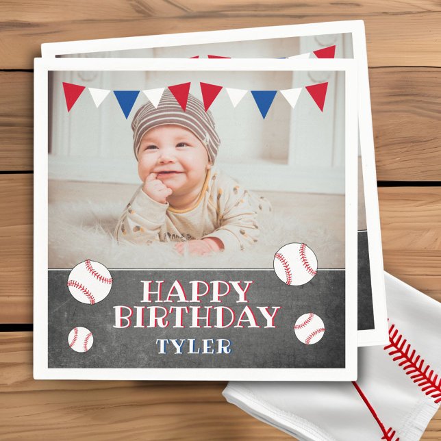 Baseball Chalkboard Kids Photo Birthday Party Napkin (Creator Uploaded)
