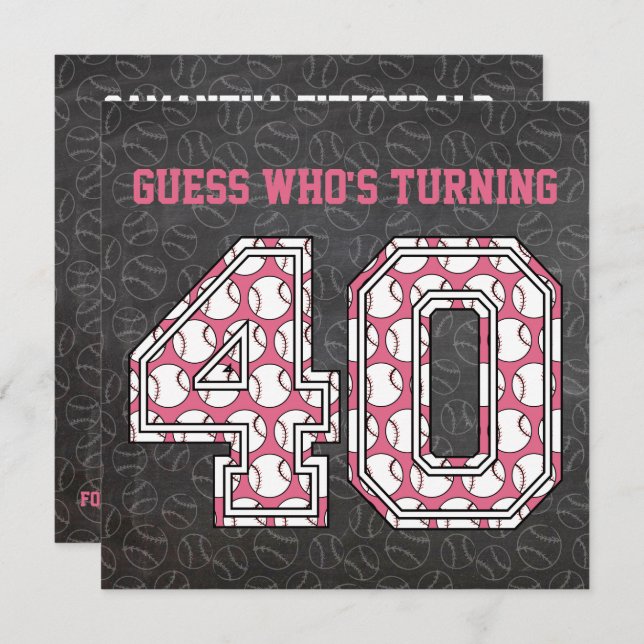 Baseball Chalkboard Pink 40th Birthday Party Invitation (Front/Back)