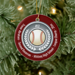 Baseball Champion Player School Silver Gray Red Ceramic Tree Decoration