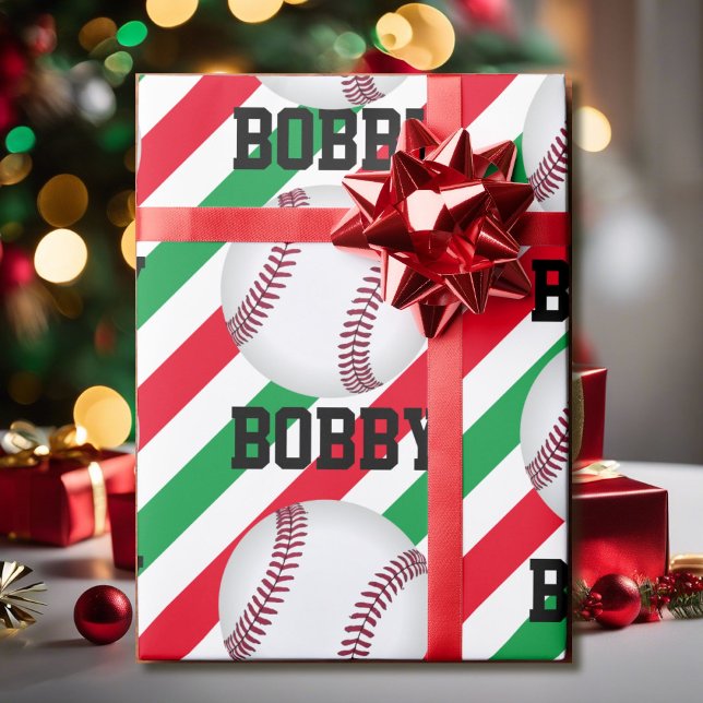  Baseball Christmas Add Name Stripe Red n Green Wrapping Paper (Creator Uploaded)