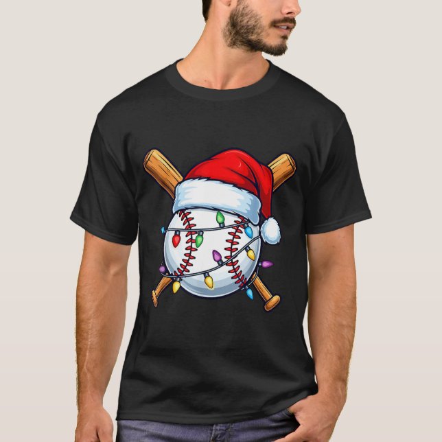 Baseball Christmas Lights Santa Christmas Baseball T-Shirt (Front)