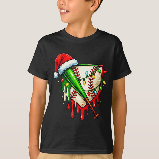 Baseball Christmas Santa Hat Dripng Ice Cream Xmas T-Shirt (Front)