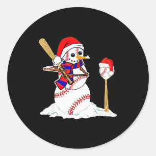 Baseball Christmas Snowman Playing Baseball Classic Round Sticker
