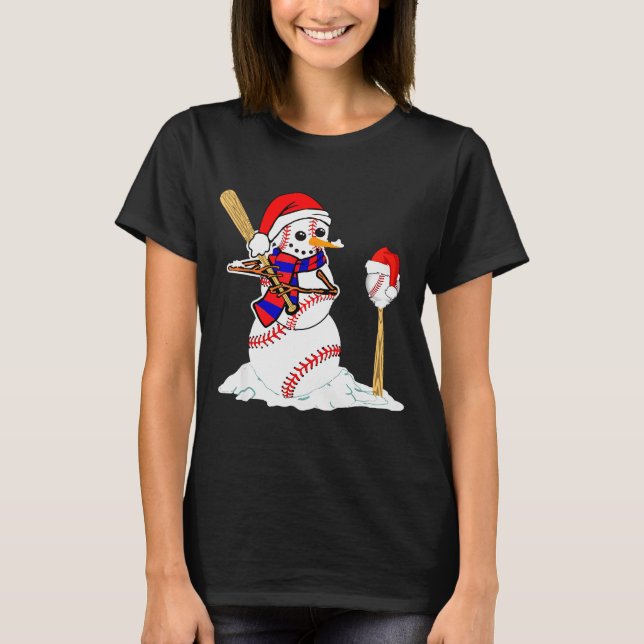 Baseball Christmas Snowman Playing Baseball  T-Shirt (Front)