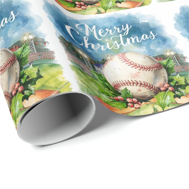 Baseball Christmas themed at stadium  Wrapping Paper (Roll Corner)