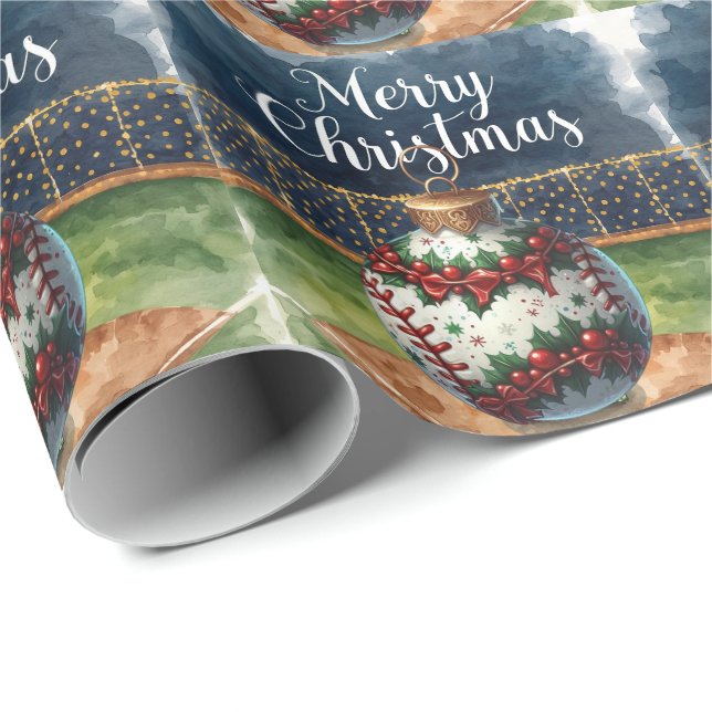 Baseball Christmas themed at stadium  Wrapping Paper (Roll Corner)