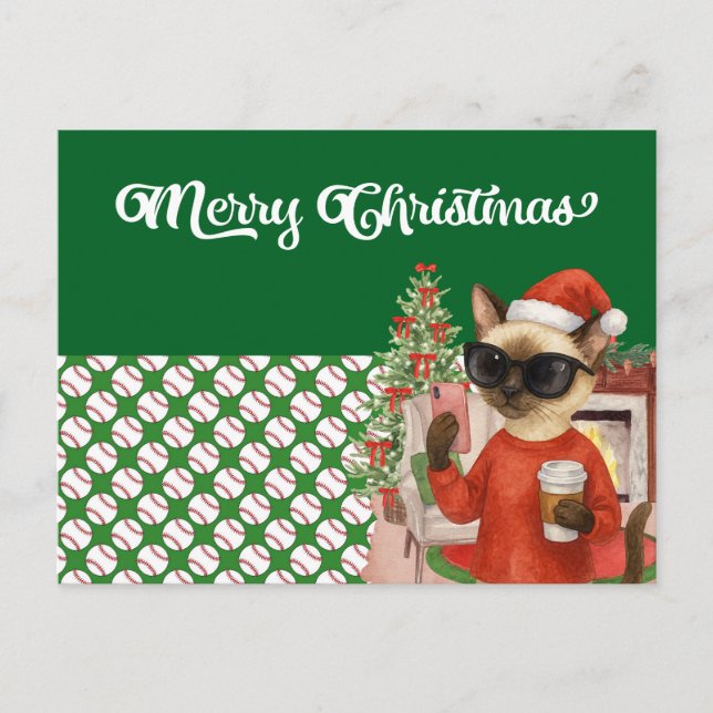 Baseball Christmas themed for Cat Lovers  Holiday Postcard (Front)