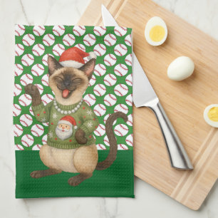 Baseball Christmas themed for cat lovers Tea Towel